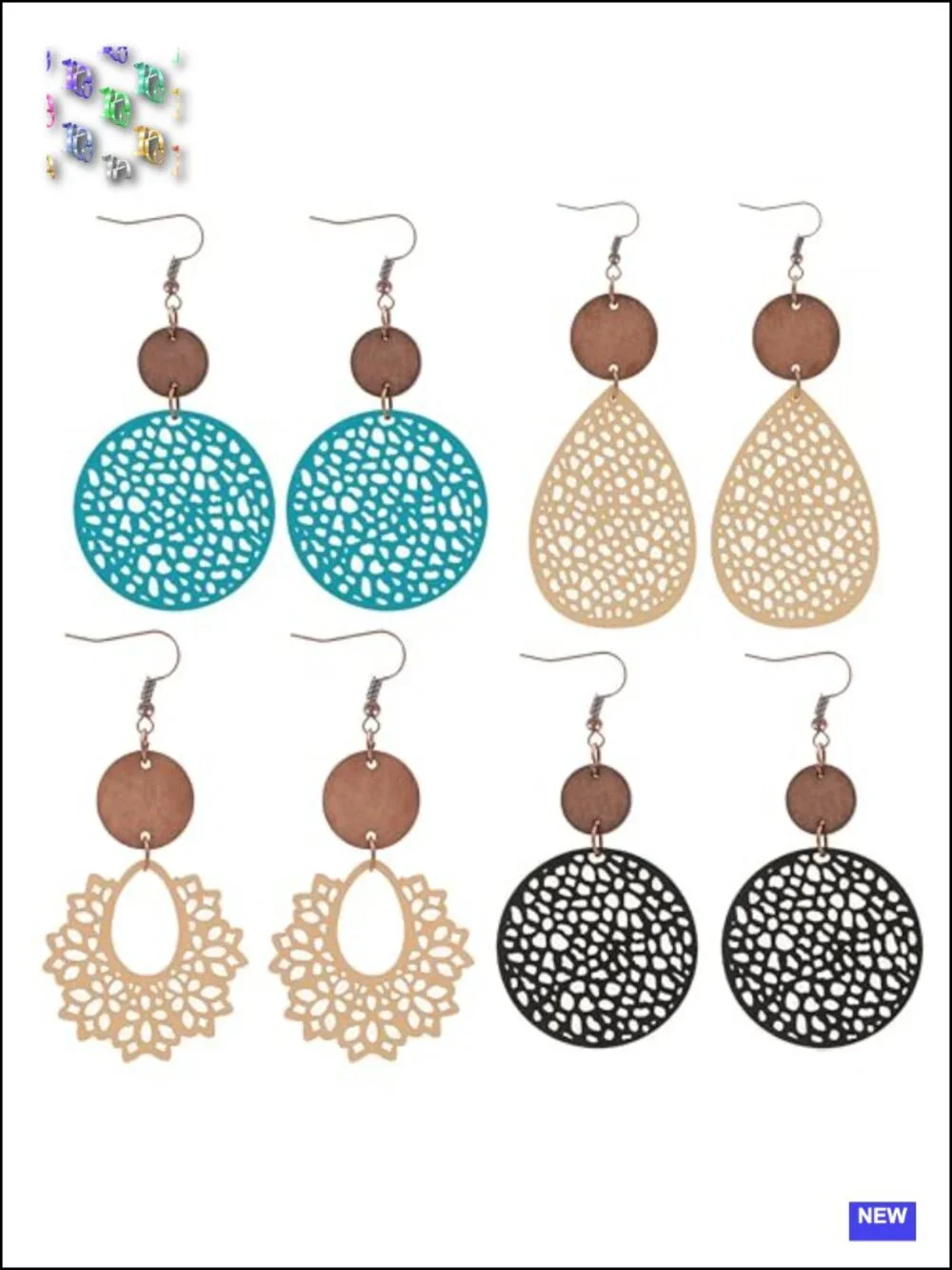4 Pairs Leather Wood Dangle Earrings Boho Drop Geometric Hollow Out Lightweight